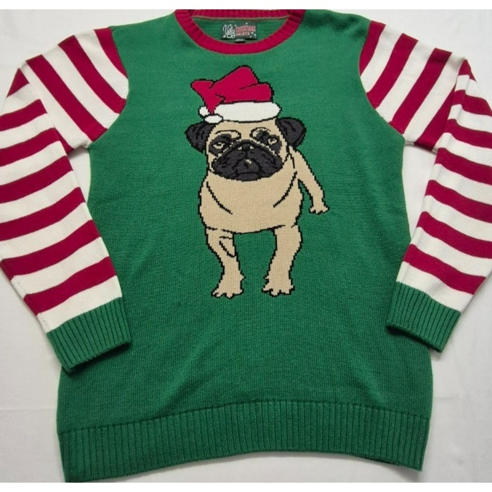 Ugly Christmas Sweater Men's Green Pug Dog Santa Hat Striped‎ Sleeves Sz. XL